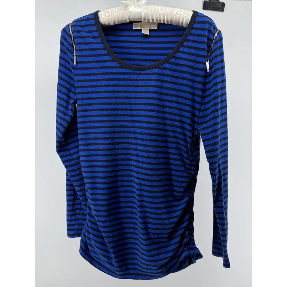 Michael Kors Striped Top Blue Black Zip Shoulder Stretch Slim Rouched Sides Med